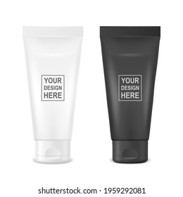 Vector 3d Realistic Plastic, Metal White, Black Tooth Paste, Cream Tube, Packing Set Isolated on White Background. Design Template of Toothpaste, Cosmetics, Cream for Mockup. Front View