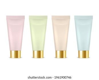 Vector 3d Realistic Plastic, Metal Pink, Green, Beige, Blue Tooth Paste, Cream Tube, Packing Set Isolated. Design Template of Toothpaste, Cosmetics, Cream, Tooth Paste for Mockup. Front View