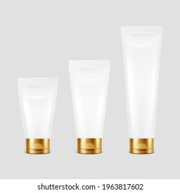 Vector 3d Realistic Plastic, Metal White Tooth Paste, Cream Tube, Packing with Golden Cap Set Isolated on White Background. Design Template of Toothpaste, Cosmetics, Cream for Mockup. Front View