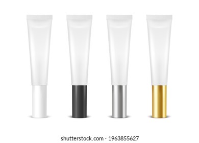 Vector 3d Realistic Plastic, Metal White Lip Balm, Lipstick, Cream Tube, Packing Set Isolated on White Background. Design Template of Toothpaste, Cosmetics, Cream, Tooth Paste for Mockup. Front View