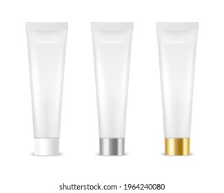 Vector 3d Realistic Plastic, Metal White Tooth Paste, Cream Tube, Packing Set Isolated on White Background. Design Template of Toothpaste, Cosmetics, Cream, Tooth Paste for Mockup. Front View