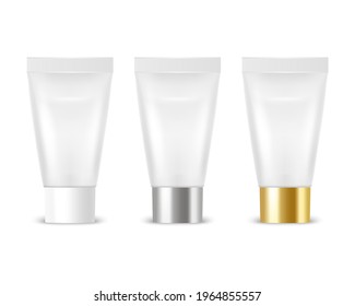 Vector 3d Realistic Plastic, Metal White Tooth Paste, Cream Tube, Packing Set Isolated on White Background. Design Template of Toothpaste, Cosmetics, Cream, Tooth Paste for Mockup. Front View