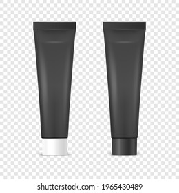 Vector 3d Realistic Plastic, Metal Black Tooth Paste, Cream Tube, Packing with White and Black Cap Set Isolated. Design Template of Toothpaste, Cosmetics, Cream, Tooth Paste for Mockup. Front View