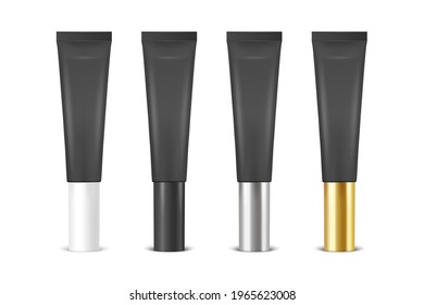 Vector 3d Realistic Plastic, Metal Black Lip Balm, Lipstick, Cream Tube, Packing Set Isolated on Black Background. Design Template of Toothpaste, Cosmetics, Cream, Tooth Paste for Mockup. Front View