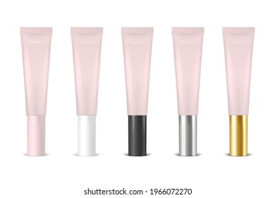 Vector 3d Realistic Plastic, Metal Pink Lip Balm, Lipstick, Cream Tube, Packing Set Isolated on White Background. Design Template of Toothpaste, Cosmetics, Cream, Tooth Paste for Mockup. Front View