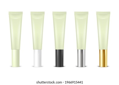 Vector 3d Realistic Plastic, Metal Green Lip Balm, Lipstick, Cream Tube, Packing Set Isolated on White Background. Design Template of Toothpaste, Cosmetics, Cream, Tooth Paste for Mockup. Front View