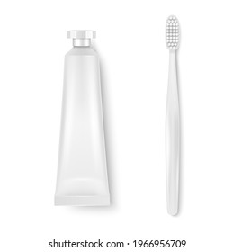 Vector 3d Plástico realista, Tubo de pasta dental blanca metálica y Cepillo dental de cierre aislado en fondo blanco. Plantilla de diseño de dentífrico y cepillo de dientes para la mezcla. Vista superior