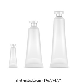 Vector 3d Realistic Plastic, Metal White Tooth Paste, Cream Tube, Packing Set Isolated on White Background. Design Template of Toothpaste, Cosmetics, Cream for Mockup. Front View
