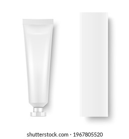 Vector 3d Realistic Plastic, Metal White Tooth Paste, Cream Tube, Carton Packing Isolated On White Background. Design Template Of Toothpaste, Cosmetics, Cream, Tooth Paste For Mockup. Top View