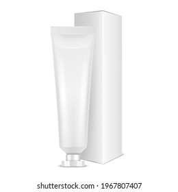 Vector 3d Plástico Realista, Pasta Diente Blanco Metal, Tubo Crema, Embalaje Cartonaje Aislado en Fondo Blanco. Plantilla de diseño de pasta dental, cosméticos, crema, pasta dental para la mezcla. Vista frontal