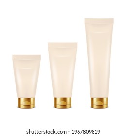Vector 3d Realistic Plastic, Metal BeigeTooth Paste, Cream Tube, Packing with Golden Cap Set Isolated on White Background. Design Template of Toothpaste, Cosmetics, Cream for Mockup. Front View