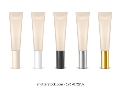 Vector 3d Realistic Plastic, Metal Beige Lip Balm, Lipstick, Cream Tube, Packing Set Isolated on White Background. Design Template of Toothpaste, Cosmetics, Cream, Tooth Paste for Mockup. Front View