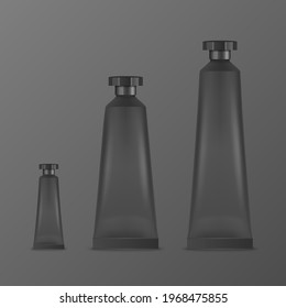 Vector 3d Realistic Plastic, Metal Black Tooth Paste, Cream Tube, Packing Set Isolated on Black Background. Design Template of Toothpaste, Cosmetics, Cream for Mockup. Front View