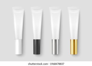 Vector 3d Plástico Realista, Balcón Metal Blanco Lip, Palo de labios, Tubo Crema, Empaquetado Aislado en Fondo Blanco. Plantilla de diseño de pasta dental, cosméticos, crema, pasta dental para la mezcla. Vista superior