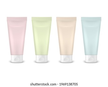 Vector 3d Realistic Plastic, Metal Pink, Green, Beige, Blue Tooth Paste, Cream Tube, Packing Set Isolated on White Background. Design Template of Toothpaste, Cosmetics, Cream for Mockup. Front View