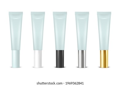 Vector 3d Realistic Plastic, Metal Blue Lip Balm, Lipstick, Cream Tube, Packing Set Isolated on White Background. Design Template of Toothpaste, Cosmetics, Cream, Tooth Paste for Mockup. Front View