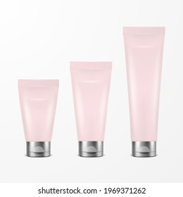 Vector 3d Realistic Plastic, Metal Pink Tooth Paste, Cream Tube, Packing with Silver Cap Set Isolated on White Background. Design Template of Toothpaste, Cosmetics, Cream for Mockup. Front View