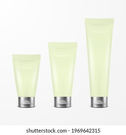 Vector 3d Realistic Plastic, Metal Green Tooth Paste, Cream Tube, Packing with Silver Cap Set Isolated on White Background. Design Template of Toothpaste, Cosmetics, Cream for Mockup. Front View