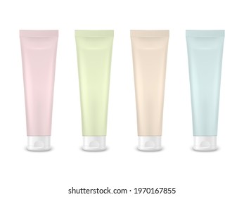Vector 3d Realistic Plastic, Metal Pink, Green, Beige, Blue Tooth Paste, Cream Tube, Packing Set Isolated on White Background. Design Template of Toothpaste, Cosmetics, Cream for Mockup. Front View
