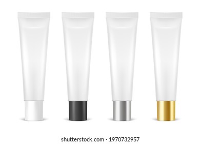 Vector 3d Realistic Plastic, Metal White Lip Balm, Lipstick, Cream Tube, Packing Set Isolated on White Background. Design Template of Toothpaste, Cosmetics, Cream, Tooth Paste for Mockup. Front View