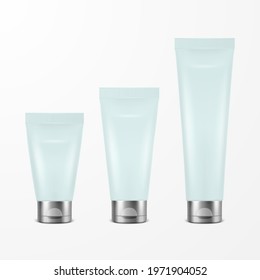 Vector 3d Realistic Plastic, Metal Blue Tooth Paste, Cream Tube, Packing with Silver Cap Set Isolated on White Background. Design Template of Toothpaste, Cosmetics, Cream for Mockup. Front View