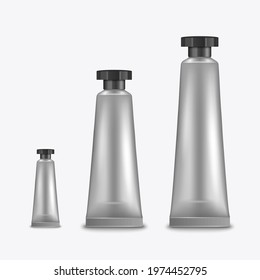Vector 3d Realistic Plastic, Metal Metallic Silver Tooth Paste, Cream Tube, Packing Set Isolated on White Background. Design Template. Cosmetics, Cream, Tooth Paste for Mockup. Front View