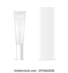 Vector 3d Realistic Plastic, Metal White Lip Balm, Lipstick, Lip Gloss, Cream Tube, Carton Packing Set Isolated on White. Design Template of Toothpaste, Cosmetics, Cream for Mockup. Front View