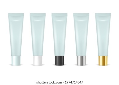Vector 3d Realistic Plastic, Metal Blue Lip Balm, Lipstick, Cream Tube, Packing Set Isolated on White Background. Design Template of Toothpaste, Cosmetics, Cream, Tooth Paste for Mockup. Front View