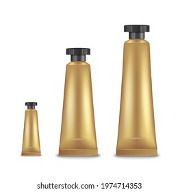 Vector 3d Realistic Plastic, Metal Metallic Golden Cream Tube, Packing Set Isolated on White Background. Design Template. Cosmetics, Cream for Mockup. Front View