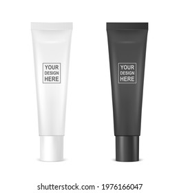 Vector 3d Realistic Plastic, Metal White, Black Toothpaste, Lip Gloss, Balm, Lipstick, Cream Tube, Packing Set Isolated on White. Design Template, Tooth Paste, Cosmetics, Cream for Mockup. Front View