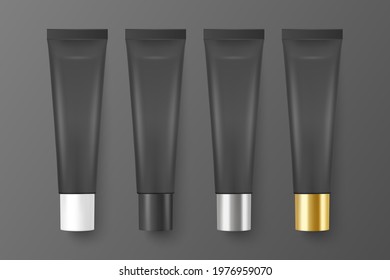 Vector 3d Realistic Plastic, Metal Black Lip Balm, Lipstick, Cream Tube, Packing Set Isolated on Black Background. Design Template of Toothpaste, Cosmetics, Cream, Tooth Paste for Mockup. Top View