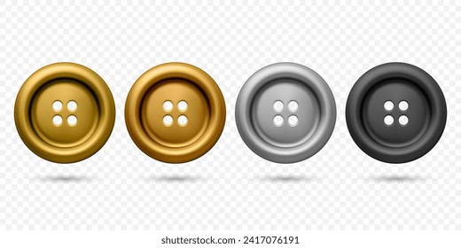 Vector 3d Realistic Plastic or Metal Button for Clothes Icon Set Closeup Isolated. Fashion, Art, Needlework, Sewing, Scrapbooking Decor. Round Clothes Button Design Template, Front View