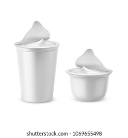 Vector 3d realistic plastic packages with yogurt. Dairy sour cream with foil lid, cap. Mockup of farm product isolated on white background. Elements for ad poster, promo banner of food