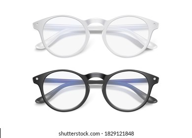 Vector 3d Realistic Plastic Round White, Black Rimmed Eye Glasses Icon Set Closeup Isolated on White Background. Women, Men, Unisex Accessory. Optics, Health Concept. Design Template, Mockup. Top View