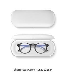 Vector 3d Realistic Plastic Round Black Rimmed Eye Glasses in White Case Box Set Closeup Isolated on White Background. Women, Men, Unisex Accessory. Optics, Health Concept. Design Template for Mockup