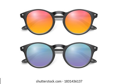 Vector 3d Realistic Plastic Round Black Rimmed Eye Sunglasses Set Closeup Isolated on White Background. Women, Men, Unisex Accessory. Optics, Health Concept. Design Template, Mockup. Top View