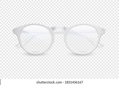 Vector 3d Realistic Plastic Round White Rimmed Eye Glasses Icon Closeup Isolated on Transparent Background. Women, Men, Unisex Accessory. Optics, Health Concept. Design Template, Mockup. Front View