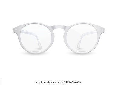 Vector 3d Realistic Plastic Round White Rimmed Eye Glasses Icon Closeup Isolated on White Background. Women, Men, Unisex Accessory. Optics, Health Concept. Design Template, Mockup. Front View