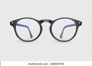 Vector 3d Realistic Plastic Round Black Rimmed Eye Glasses Icon Closeup Isolated on Transparent Background. Women, Men, Unisex Accessory. Optics, Health Concept. Design Template, Mockup. Front View