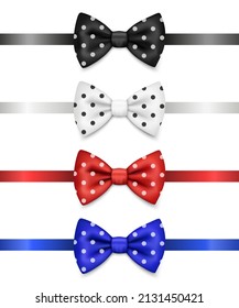 Vector 3d Realistic Polka Dot Red, Blue, White, Black Bow Tie Icon Set Closeup Isolated. Silk Glossy Bowtie, Tie Gentleman. Mockup, Design Template. Bow tie for Man. Mens Fashion, Fathers Day Holiday