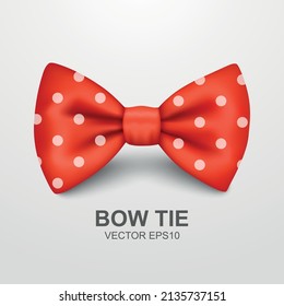 Vector 3d Realistic Polka Dot Red Bow Tie Closeup Isolated on White Background. Silk Glossy Bowtie, Tie Gentleman. Mockup, Design Template. Bow tie for Man. Mens Fashion, Fathers Day Holiday