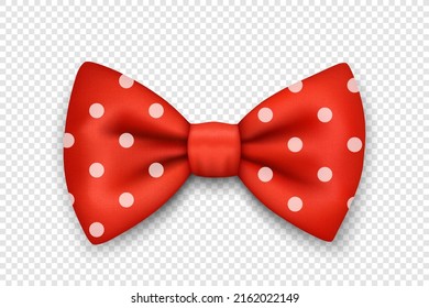 Vector 3d Realistic Polka Dot Red Textured Bow Tie Icon Closeup Isolated. Silk Glossy Bowtie, Tie Gentleman. Mockup, Design Template. Bow tie for Man. Mens Fashion, Fathers Day Holiday