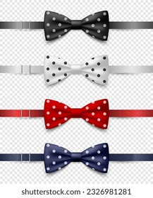 Vector 3d Realistic Polka Dot Blue, Black, Red, White Bow Tie Icon Set Closeup Isolated. Silk Glossy Bowtie, Tie Gentleman. Mockup, Design Template. Bow tie for Man. Mens Fashion, Fathers Day Holiday