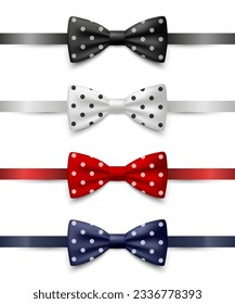 Vector 3d Realistic Polka Dot Blue, Black, Red, White Bow Tie Icon Set Closeup Isolated. Silk Glossy Bowtie, Tie Gentleman. Mockup, Design Template. Bow tie for Man. Mens Fashion, Fathers Day Holiday