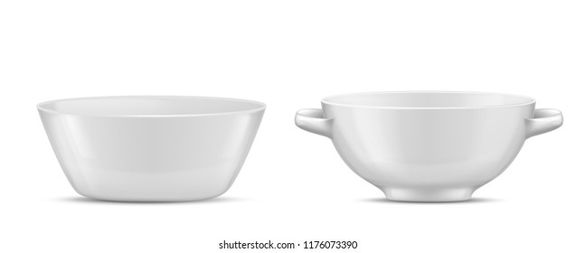 Vector 3d realistic porcelain tableware, white glass dishes for different food. Salad bowl with handles and shadows, tureens and glassware with reflections. Clear bowls, china ceramic.