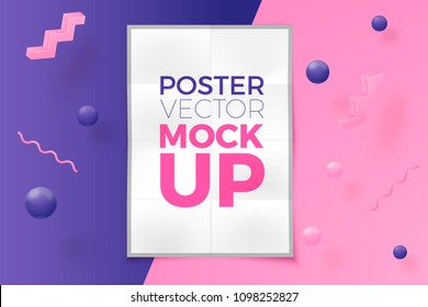 Vector 3d realistic poster abstract scene with text, violet, pink and white balls and objects.