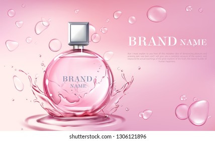 Vector 3d realistic poster, banner with perfume bottle, oil splashing or water drops. Shiny glass container with pink liquid. Cosmetic background for ad poster, promo banner. Floral essence, mock up.