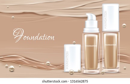 Vector 3d realistic poster with concealer, beige cosmetics product in glass package. Premium foundation with pearls for woman. Mock up, template of cosmetic isolated on background with liquid splashes