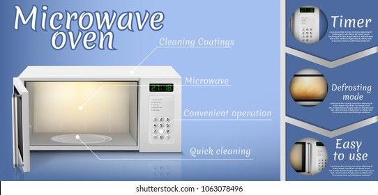 Vector 3d realistic poster with microwave oven with light inside, open door, front view isolated on blue background. Banner of household appliance with display for cooking, heating, defrosting food.