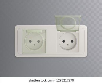 Vector 3d realistic power socket with plastic caps, covers for protection, child-proofed system. Electricity object isolated on transparent background. European connection, household electrical source